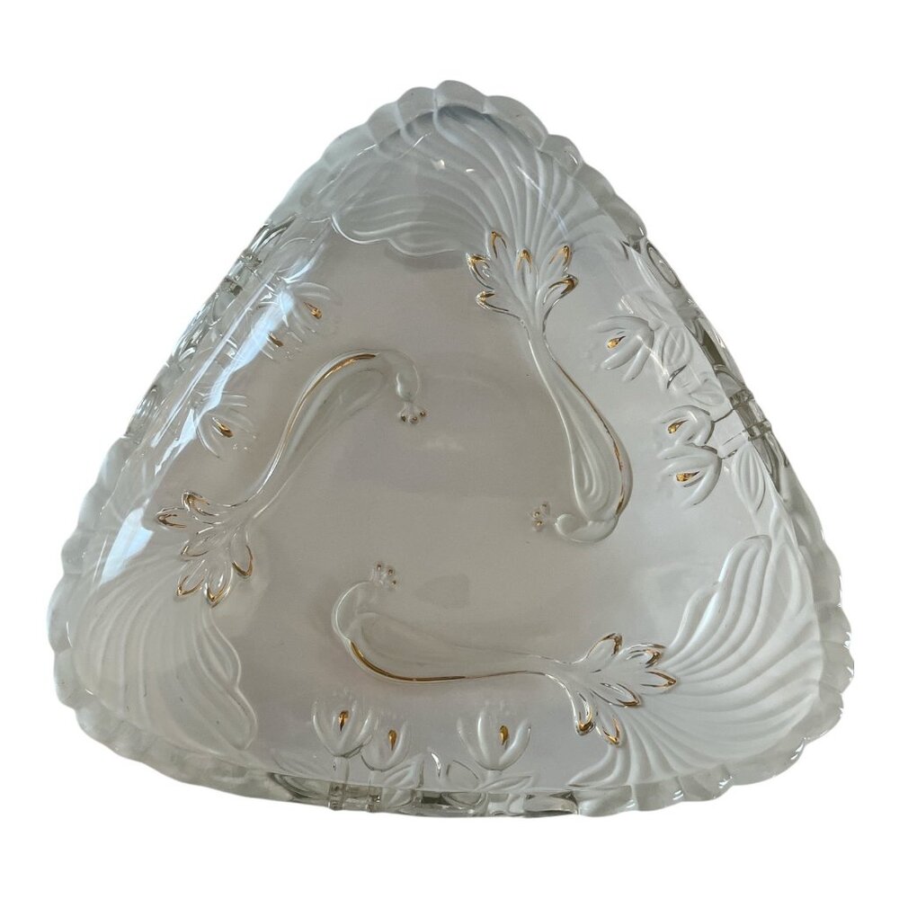 Vintage Pressed Glass Peacock Bowl – Frosted Feathers, Flowers & Leaves with Gol